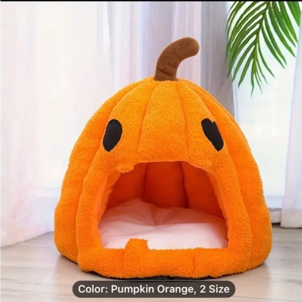 Cozy Halloween Pumpkin Pet Bed Plush, Thickened Warmth For Cats & Small Dogs